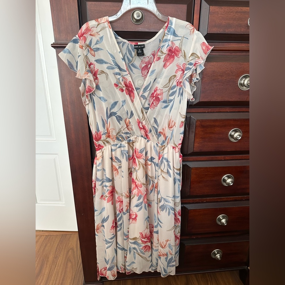 Tan Floral Print Chiffon Sz 14 Dress NWT Kate + Lily Cap Ruffle Sleeve Lined